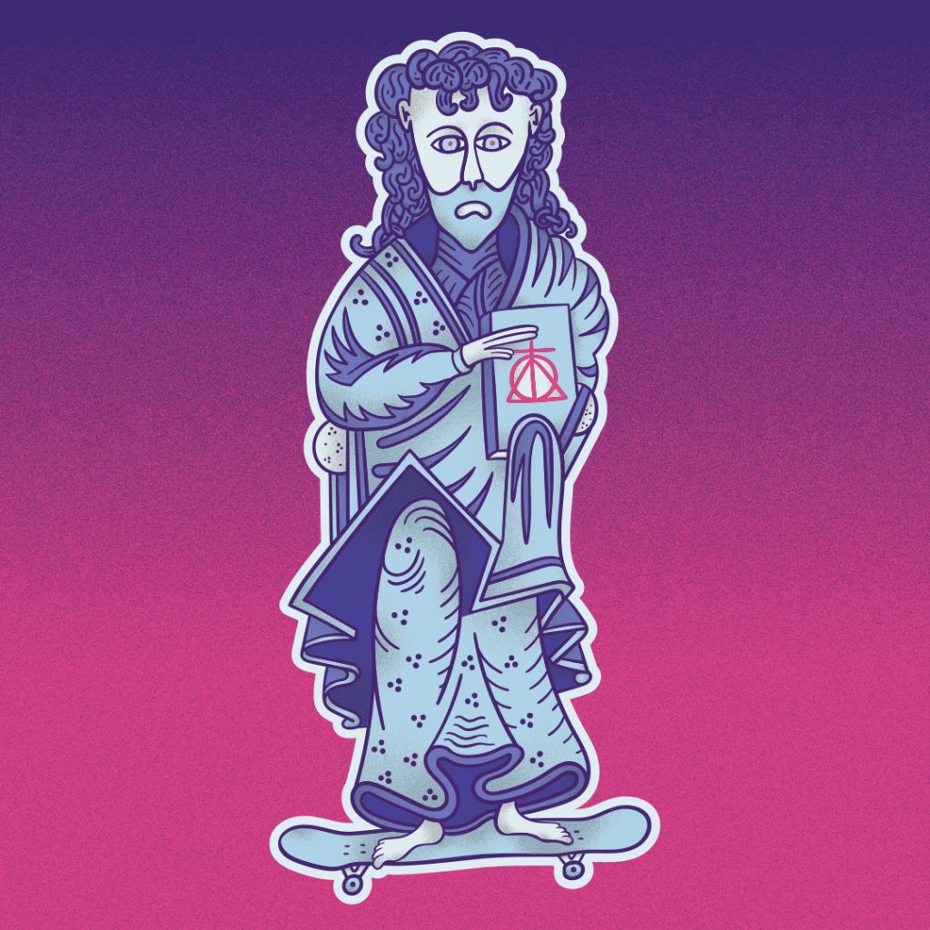 skate deck monk : zoom sur l'illustration du personnage du moine de l'apocalypse