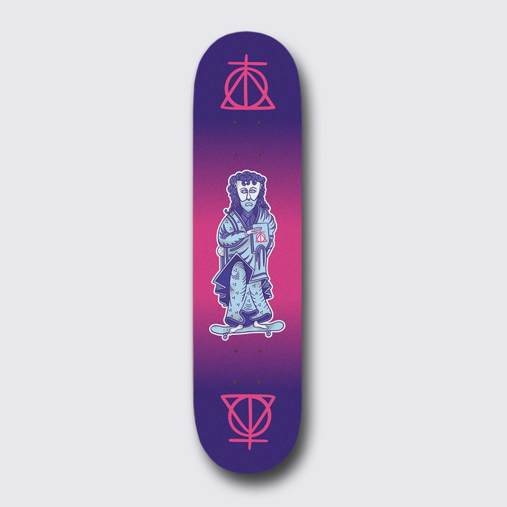 skate deck monk : vue d'ensemble de l'illustration du personnage et de la planche de skate.
