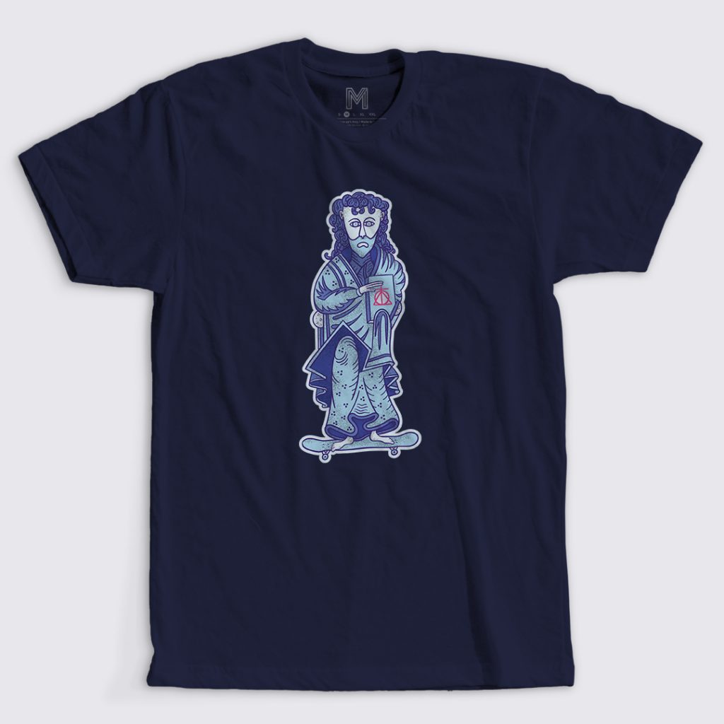 Mise en scène de l'illustration du personnage du moine de l'apocalypse sur un T-shirt.