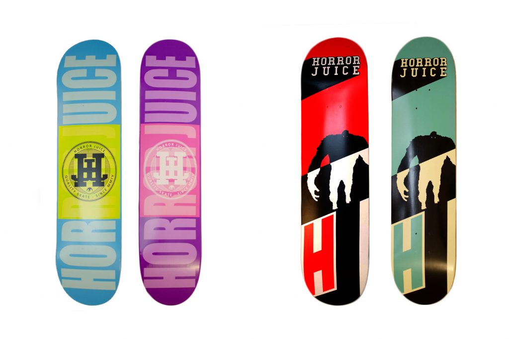 Designs visuels des 4 skateboards créé pour la marque Horror Juice. La première est jaune et bleu, la seconde avec le même design est rose et violette. La troisième est noir, rouge et blanche. La quatrième est noir, bleu turquoise et jaune pale. Elles ont le même design avec un effet de long shadow et de monogramme.