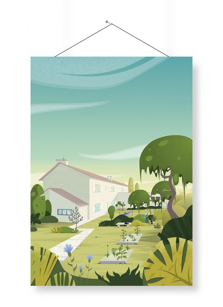 Illustration de ma maison, mon "home sweet home", situé à La Rochelle. l'illustration est présenté sous forme d'affiche. J'y ai dessiné le jardin, les animaux, chien et chats et nos activités dans ce magnifique lieu de verdure.