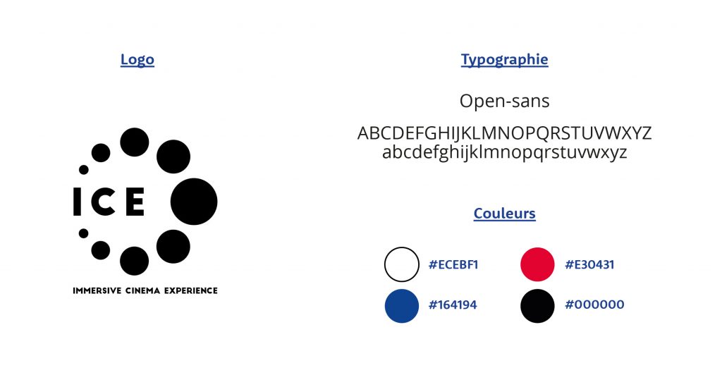 Charte graphique web de la landing page Ice Cinema, avec le logo ICE Cinema, la typographie utilisé pour la page web et les couleurs de la charte.