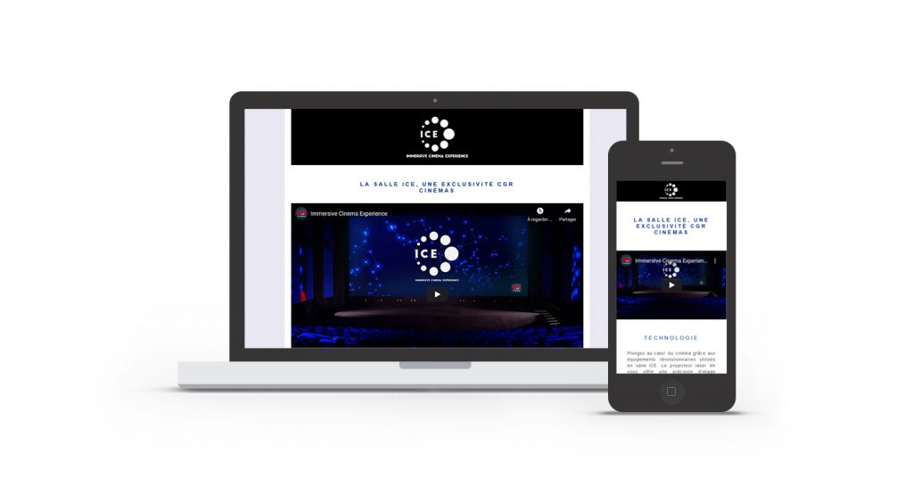 Interface de la landing page Ice Cinema intégré dans un smartphone et un ordinateur.