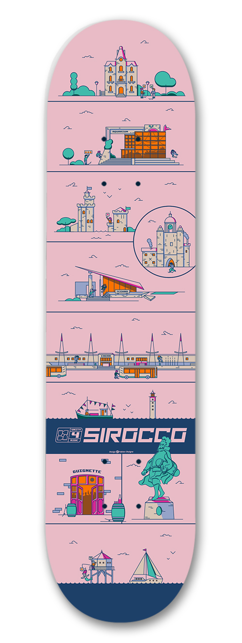 Sirocco skateboard : Design de la planche de skate pour Sirocco Skateshop. Traitement synthétique proche de l'esthétique rétrogaming. La composition s'inspire des planches de BD et permet de présenter la diversité des lieux et des espaces de la ville de La Rochelle.