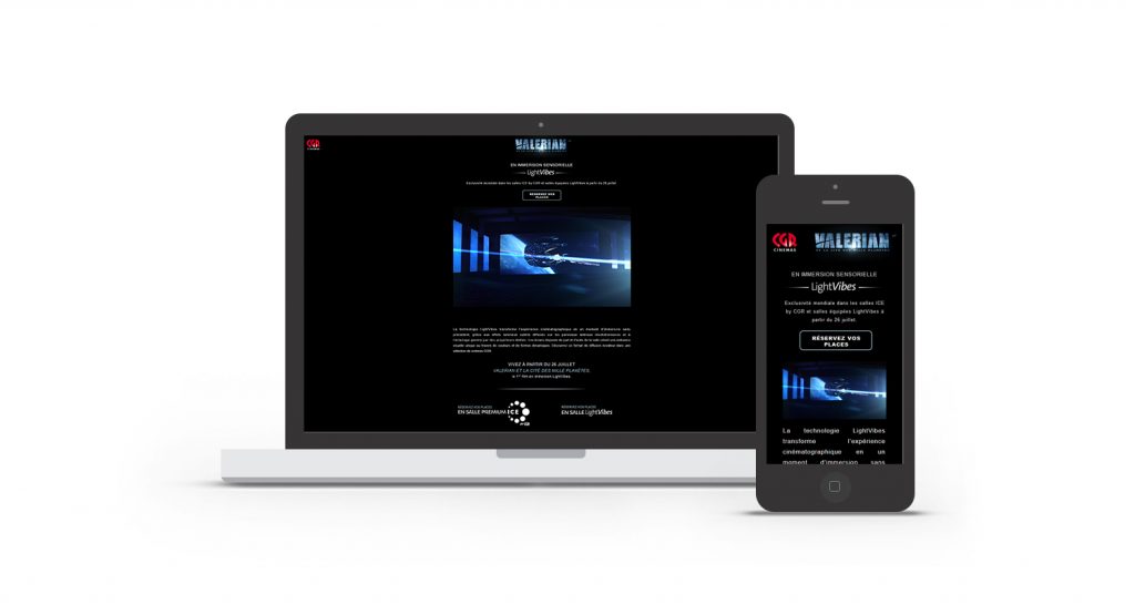 Interface de la landing page Valérian et CGR Cinémas intégré dans un smartphone et un ordinateur.