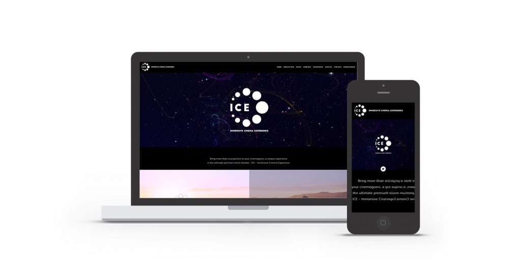 Interface du site one page Immersive Cinema Experience intégrée dans un smartphone et un ordinateur.
