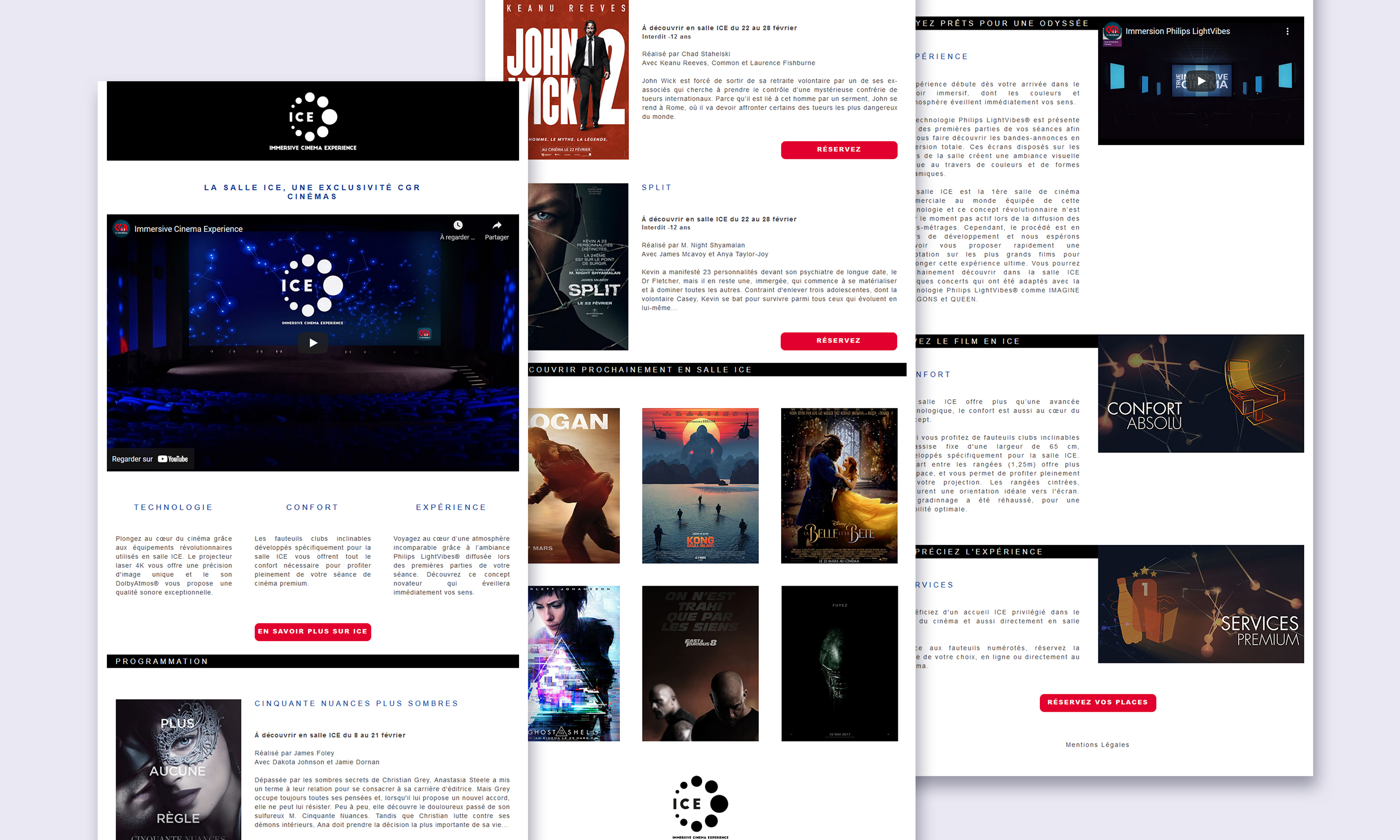 Image constitué de plusieurs parties de l'interface utilisateur de la landing page Ice Cinema.