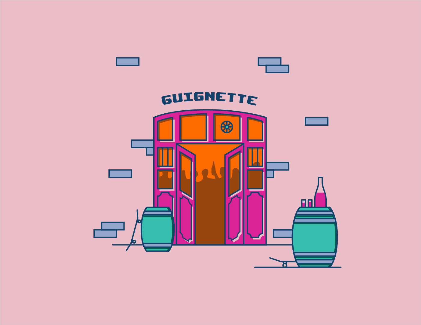 Skateboard design ville : Illustration de la façade de la Guignette à La Rochelle avec un traitement graphique et synthétique.