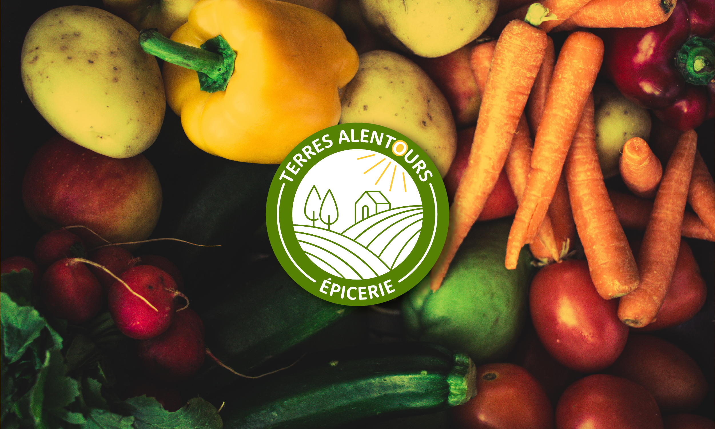 Vignette avec le logo de l’épicerie Terres Alentours. Le fond est une photos de légumes.