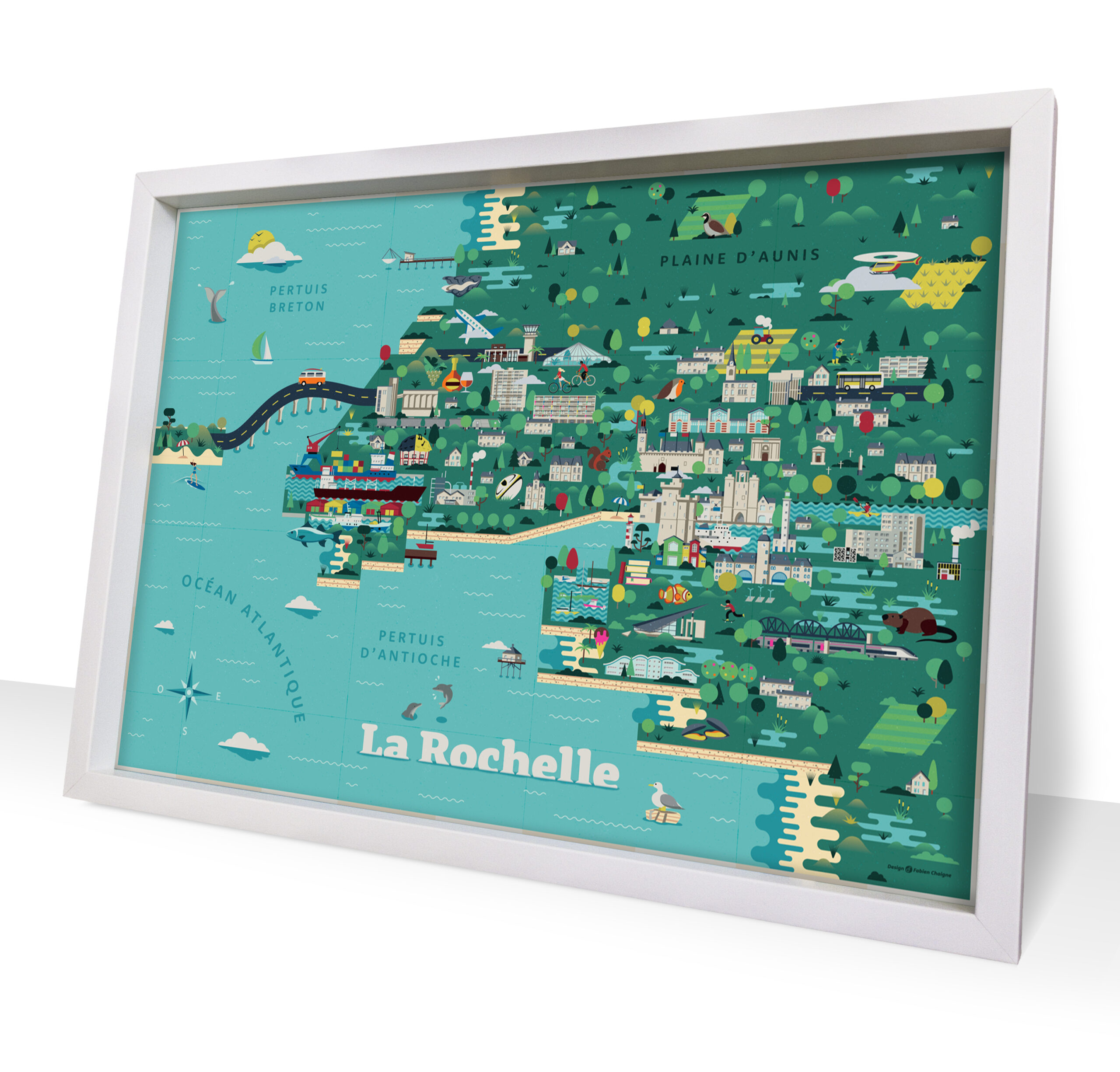Carte illustrée de La Rochelle dans son cadre. C'est une carte avec des couleurs vives. Les bâtiments, la faune et la flore sont représentés de façon synthétique et graphique. L'environnement maritime est très présent avec les ports, les falaises, les animaux marins et les plages.