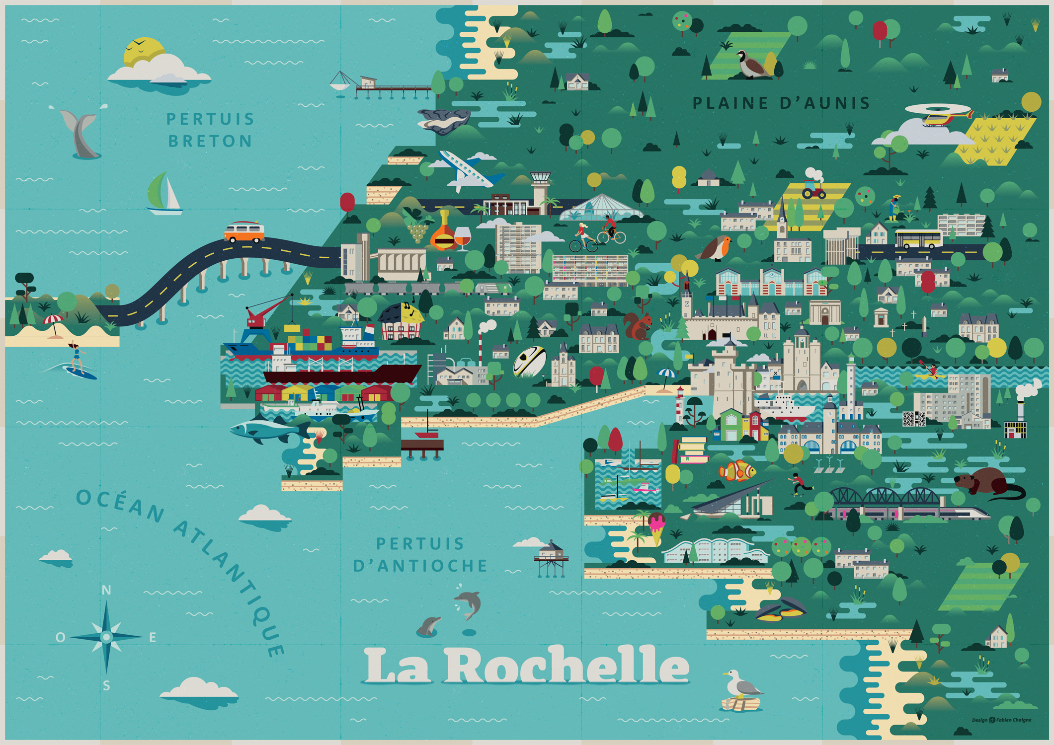 Cette carte illustrée de La Rochelle est composé des couleurs vives. Les bâtiments, la faune et la flore sont représentés de façon synthétique et graphique. L'environnement maritime est très présent avec les ports, les falaises, les animaux marins et les plages.