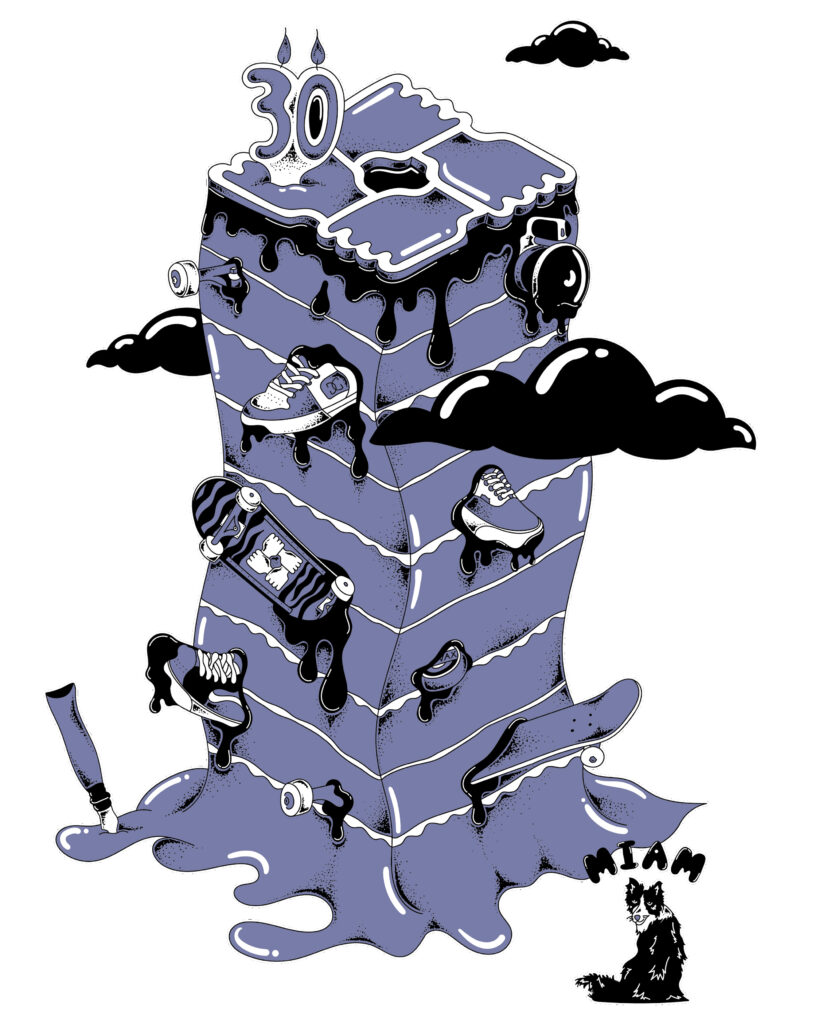 Illustration de skate représentant un gâteau d’anniversaire dans un empilement d’objets représentant l’univers du skateboard