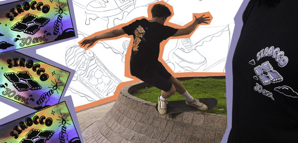 Photomontage de l'illustration de skate sur le devant d'un T-shirt, son croquis et détourage d'un skater en feeble sur un spot bien rough !