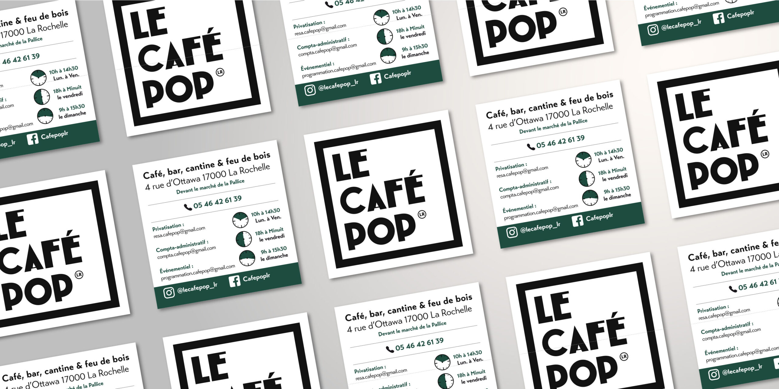 Présentation, sous forme de mockup, des cartes de visite créées pour le café Pop de La Pallice. Les cartes sont agencées de façon à créer un motif.