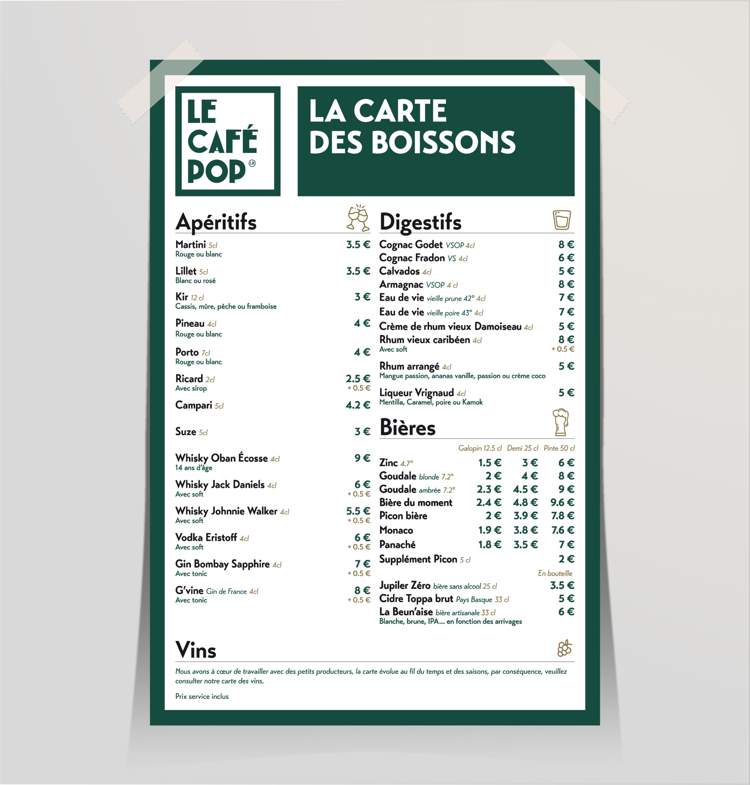 Carte des boissons de Café Pop La Pallice. La carte est à l'image de l'identité visuelle du Café Pop. On retrouve les couleurs: noir, blanc, doré et verte, ainsi que la typographie Transat.