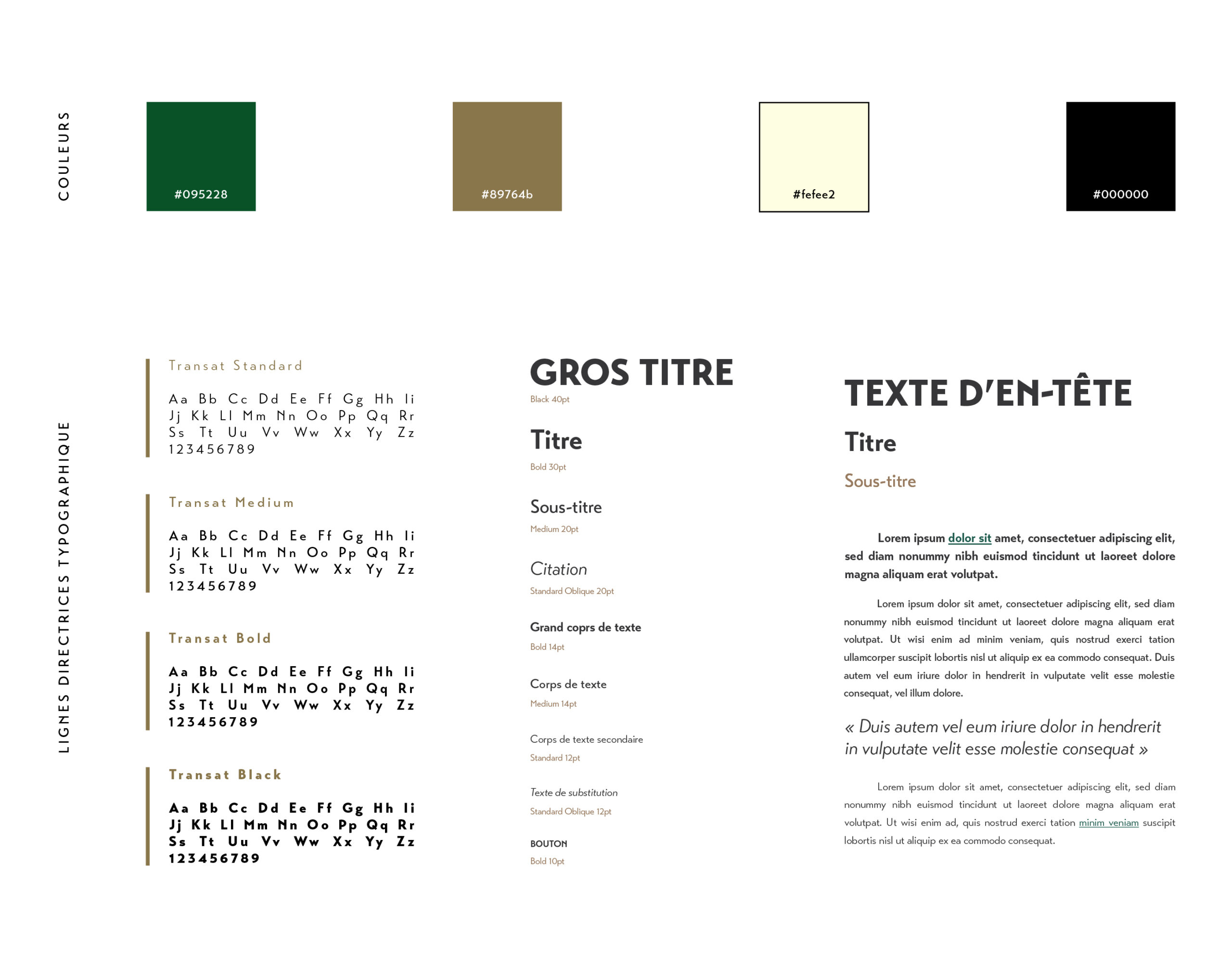 Présentation des couleurs et typographie de l'identité visuelle du Café Pop. Sont présentes les couleurs noir, blanc cassé, vert sapin et doré. La typographie transat est présentée sous ses grandes lignes directrices.