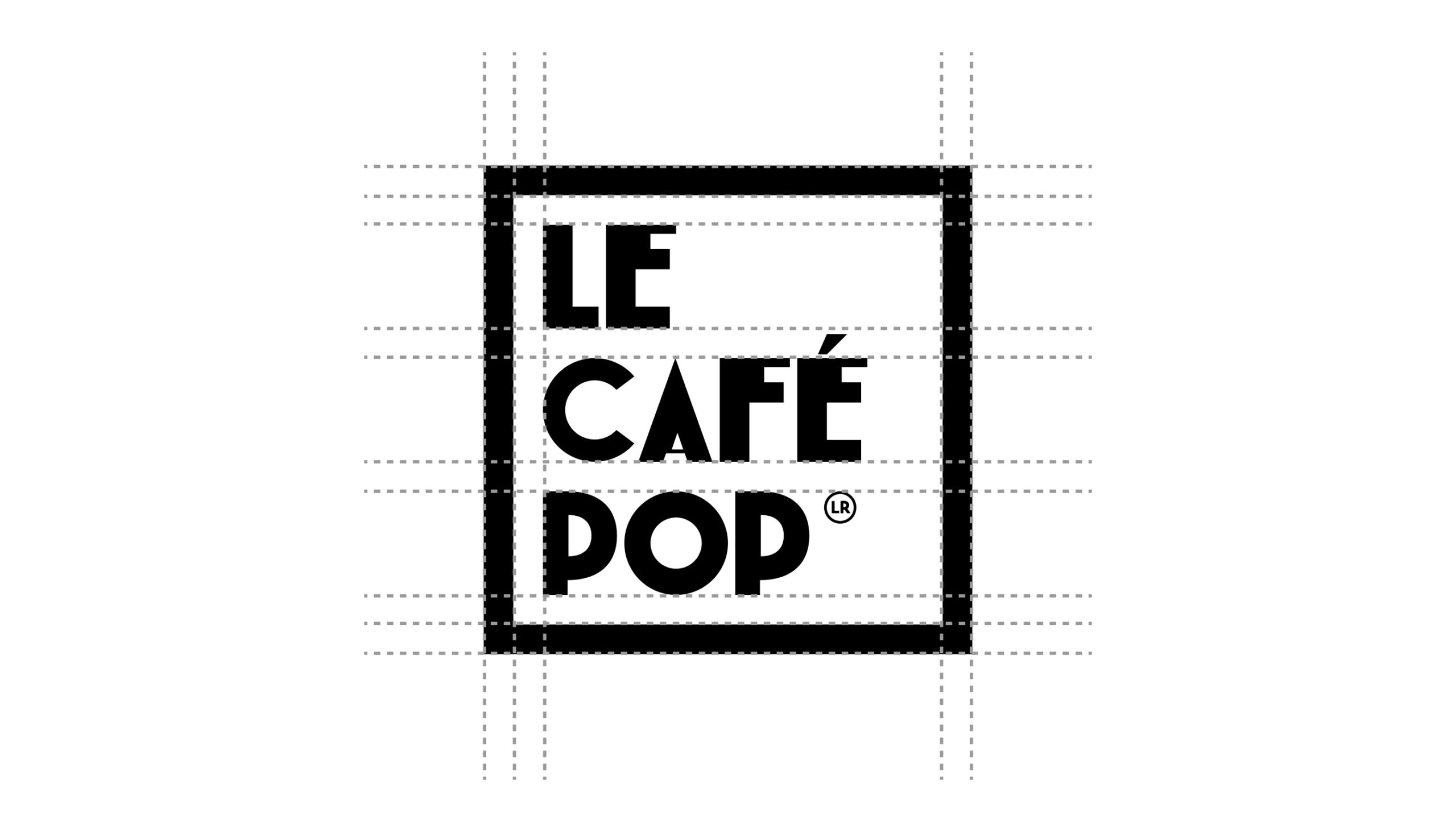 Logo Café Pop en noir avec ses traits de construction en pointillé.