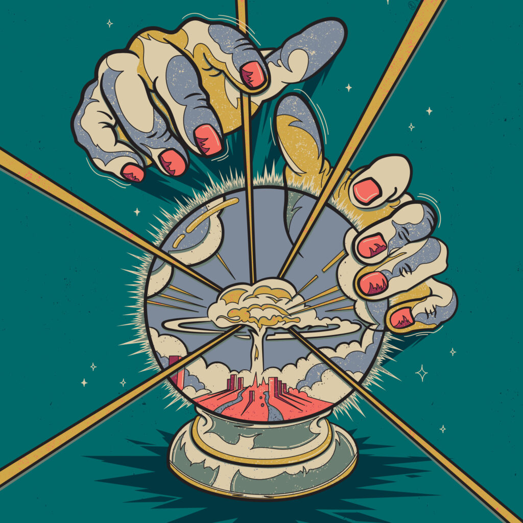 Illustration d'une boule de cristal actionnée par deux mains prédisant une explosion nucléaire sur une ville.