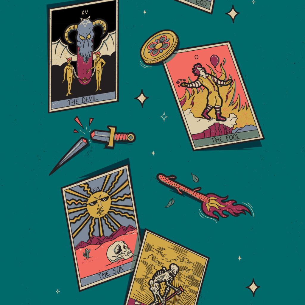 Illustration représentant un tirage de Tarot de mauvaise augure. Les cartes du soleil (the sun), du fou (the fool), du diable (the devil) et de la mort (the unlabelled) sont illustrés.