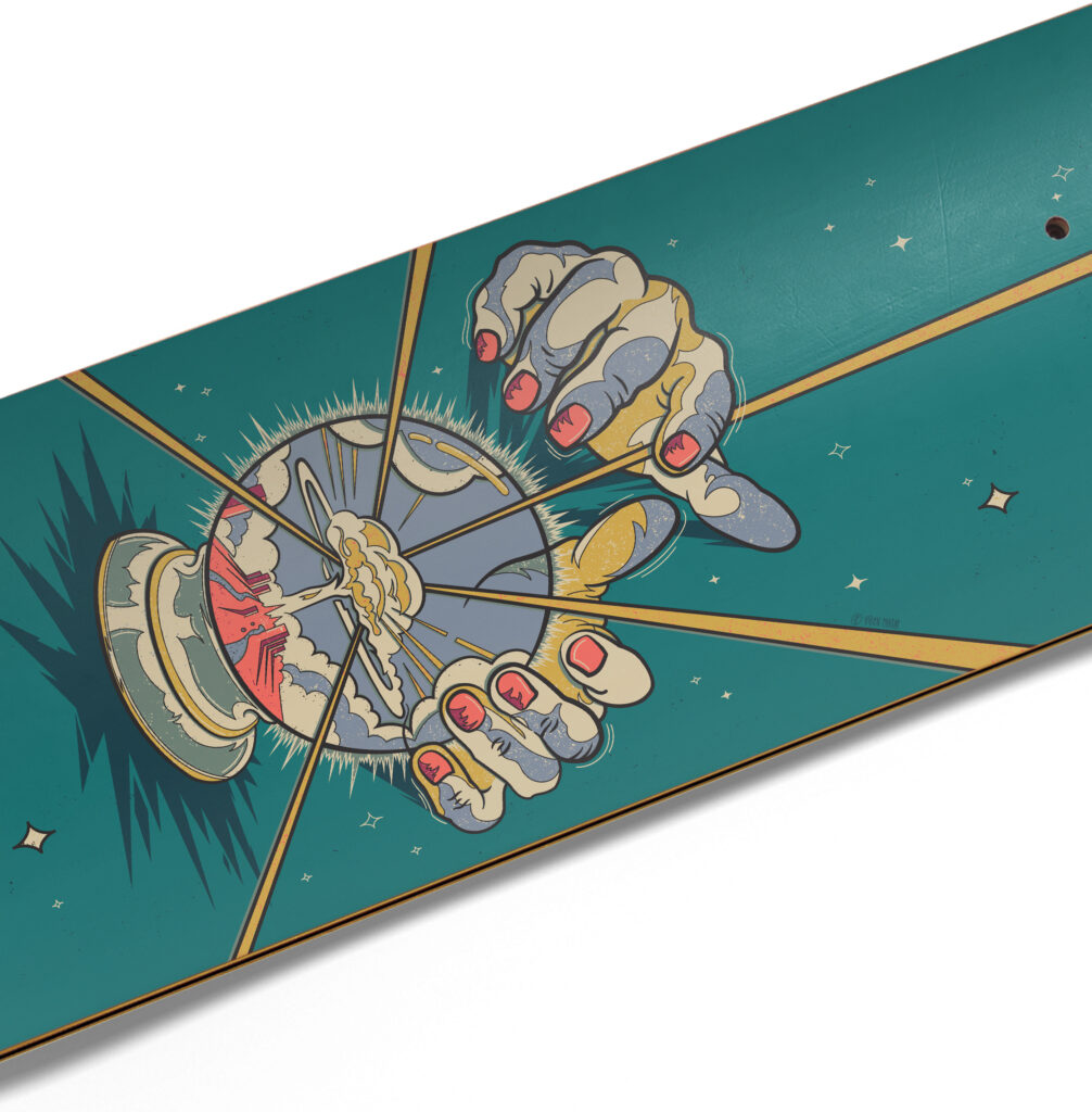Mockup d'une planche de skate avec l'illustration d'une boule de cristal actionnée par deux mains prédisant une explosion nucléaire sur une ville.