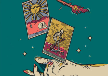 Illustration représentant un tirage de Tarot de mauvaise augure. Les cartes du soleil (the sun) et de la mort (the unlabelled) sont illustrés.