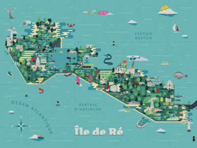 Carte illustré de l'île de Ré avec l'ensemble des bâtiments, véhicules, animaux et végétaux emblématiques de l'île.