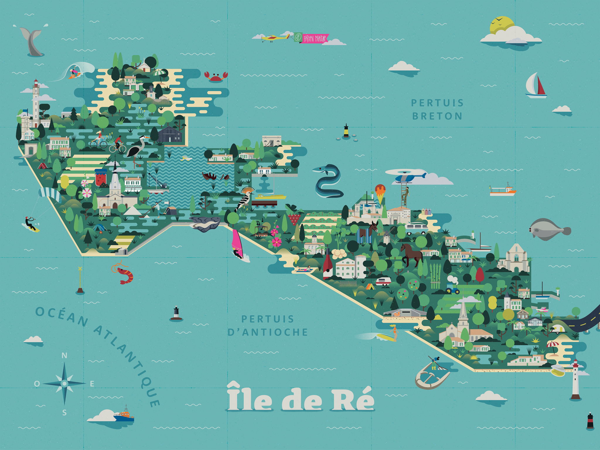 Carte illustré de l'île de Ré avec l'ensemble des bâtiments, véhicules, animaux et végétaux emblématiques de l'île.